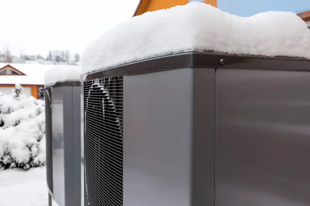 Residential heat pump units with snow buildup on top of them